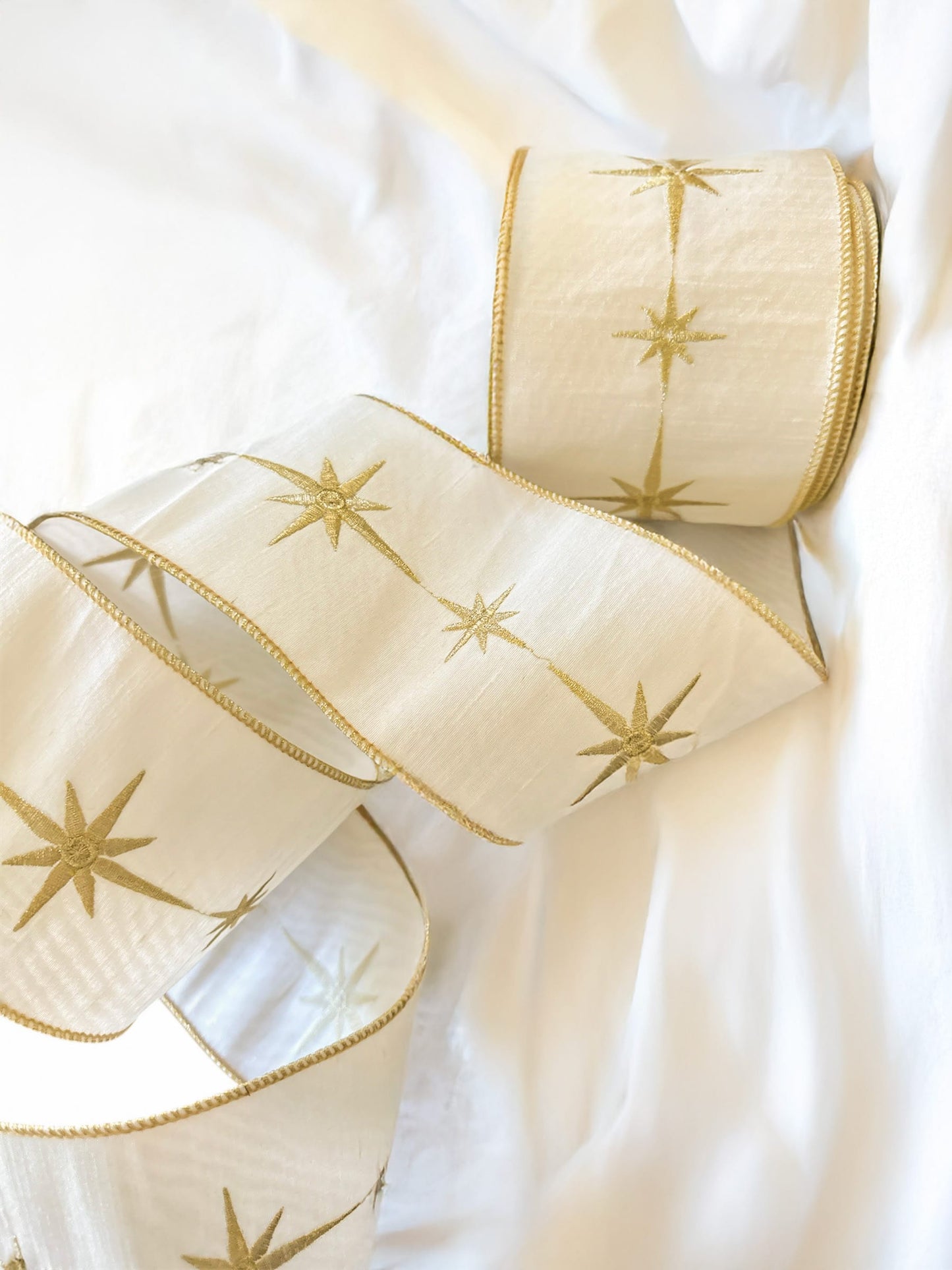 Cream & Gold Star Wired Ribbon 4" x 10yd - Gift Wrapping & Holiday Decor