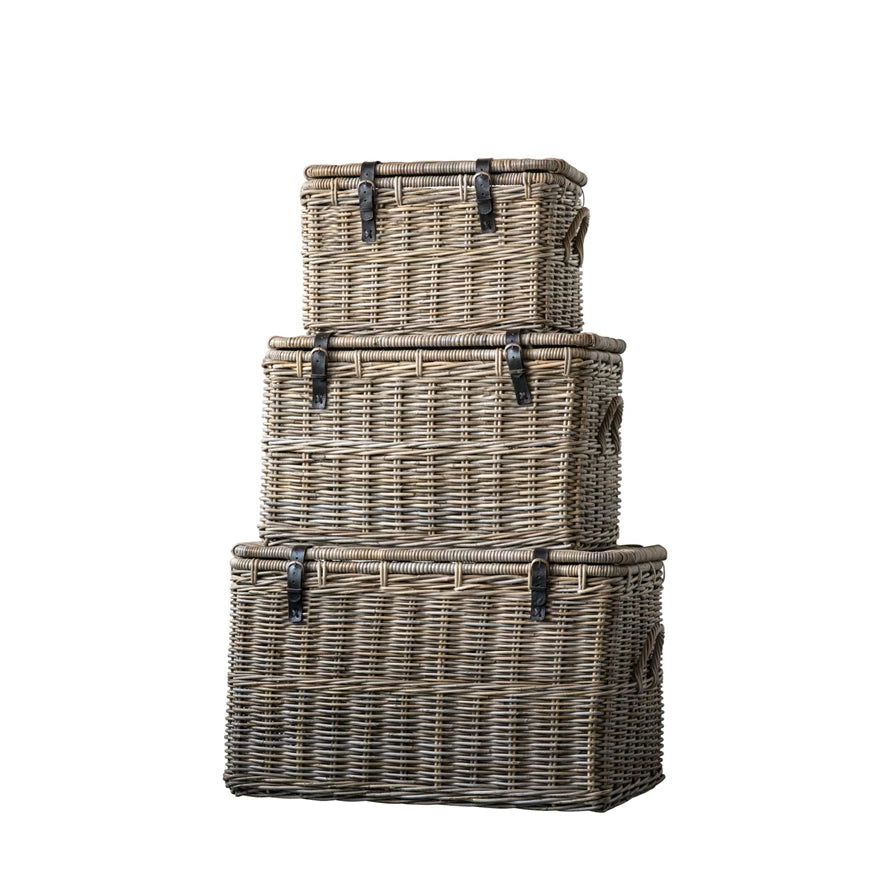 Baskets with Lids and Leather Buckles, 3 Sizes