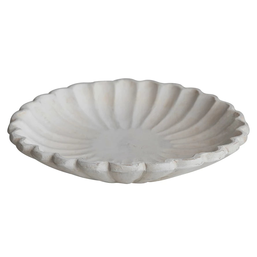 Decorative Mango Wood Scalloped Dish, Antique White