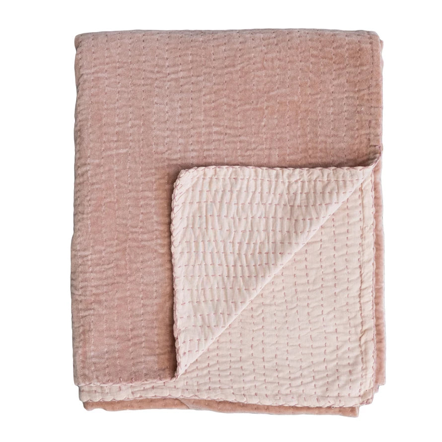 Cotton Velvet Throw w/ Kantha Stitch, Blush Peach Color