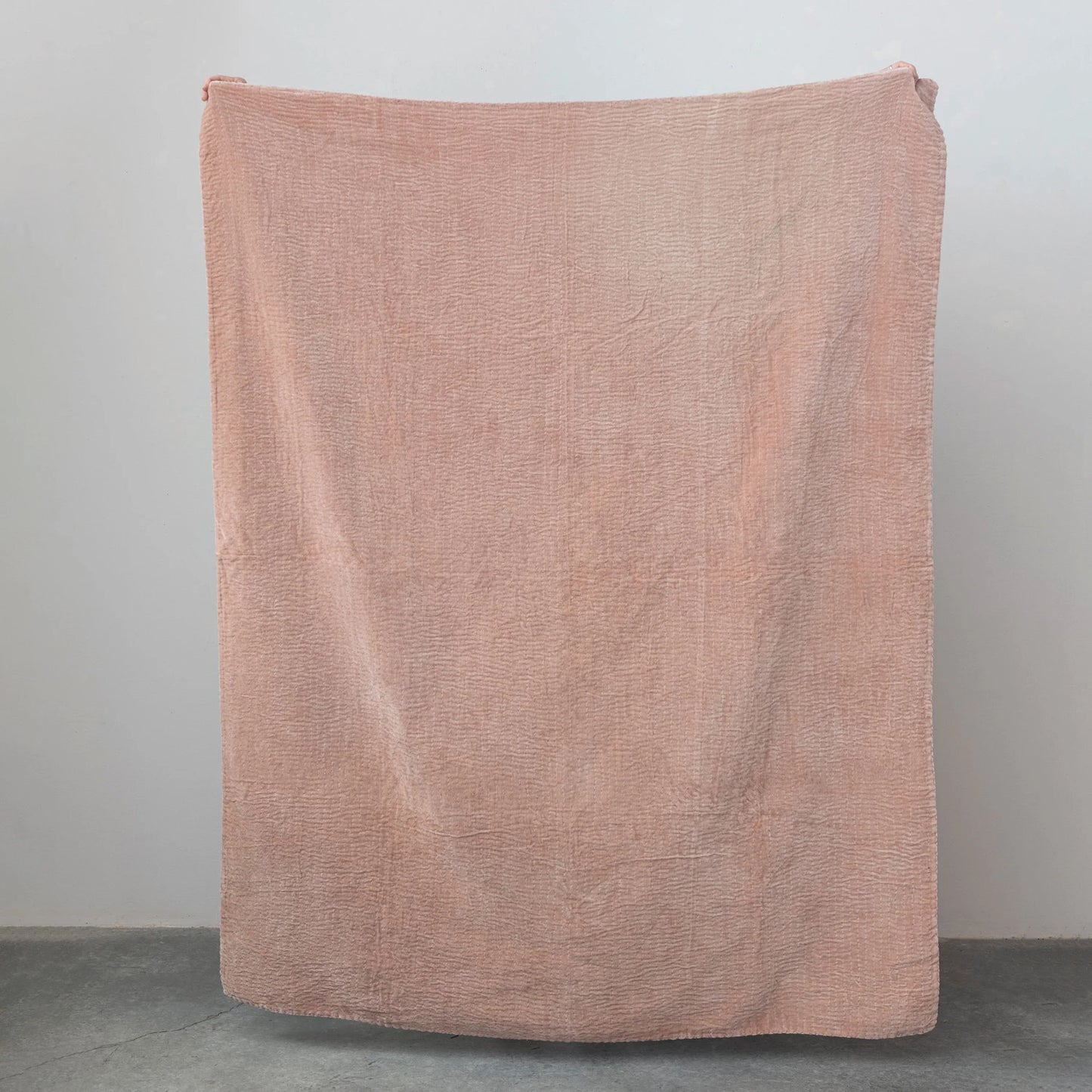 Cotton Velvet Throw w/ Kantha Stitch, Blush Peach Color