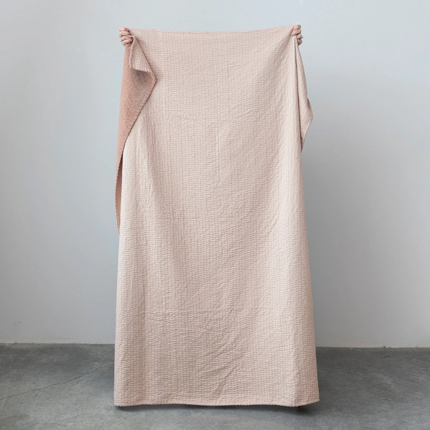 Cotton Velvet Throw w/ Kantha Stitch, Blush Peach Color