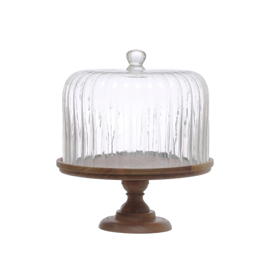 Acacia Wood Pedestal w/ Fluted Glass Cloche