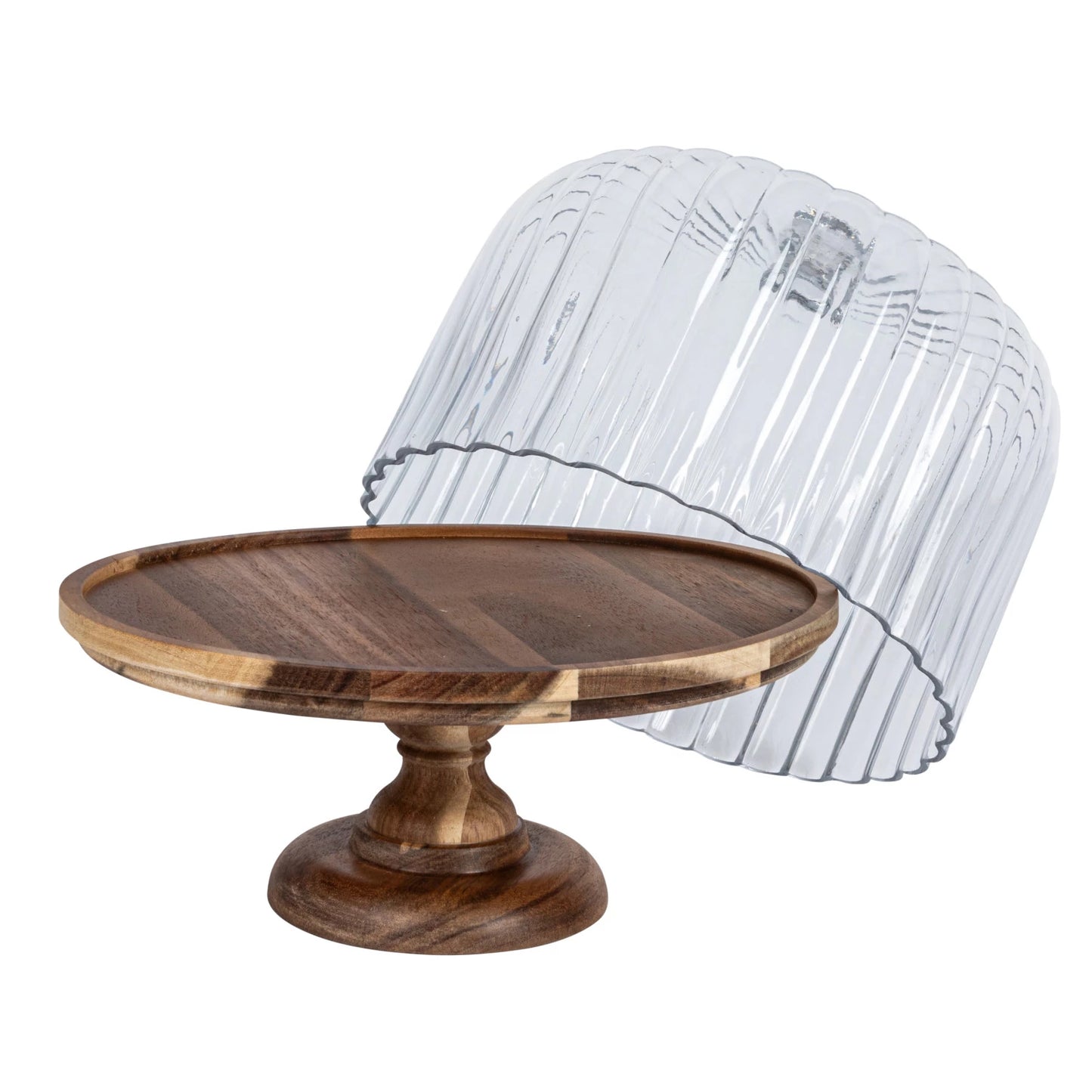 Acacia Wood Pedestal w/ Fluted Glass Cloche