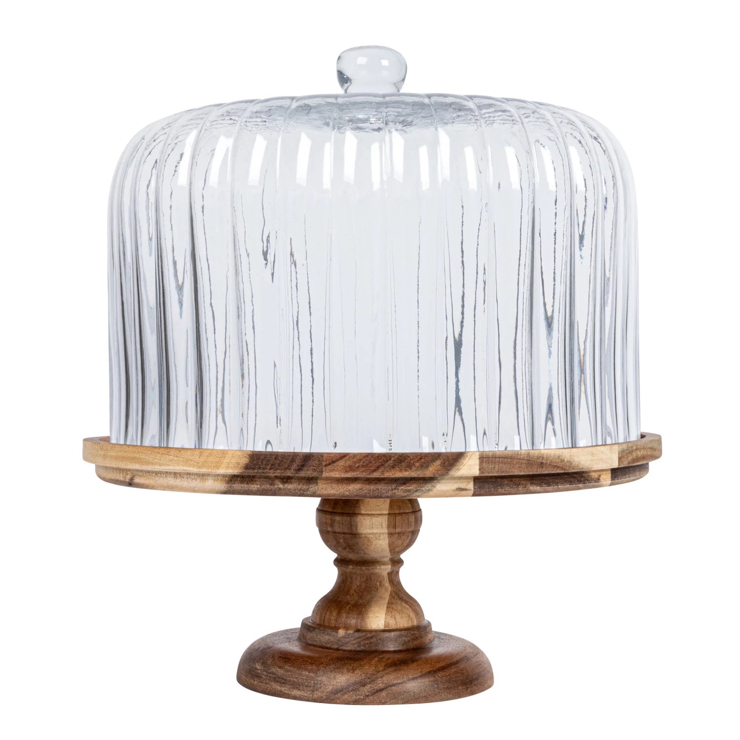 Acacia Wood Pedestal w/ Fluted Glass Cloche