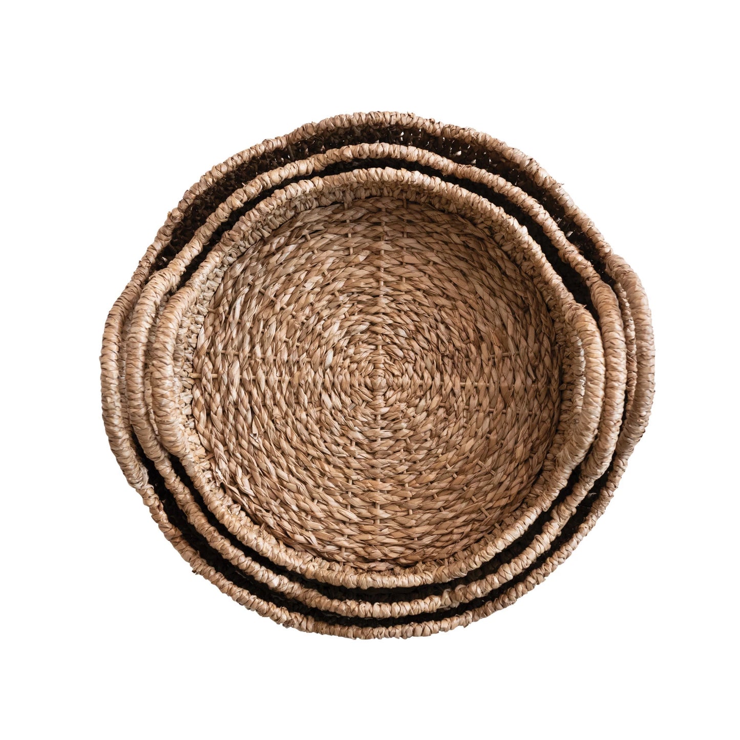 Decorative Round Braided Bankuan & Rattan Trays w/ Scalloped Edge & Handles, 3 Sizes