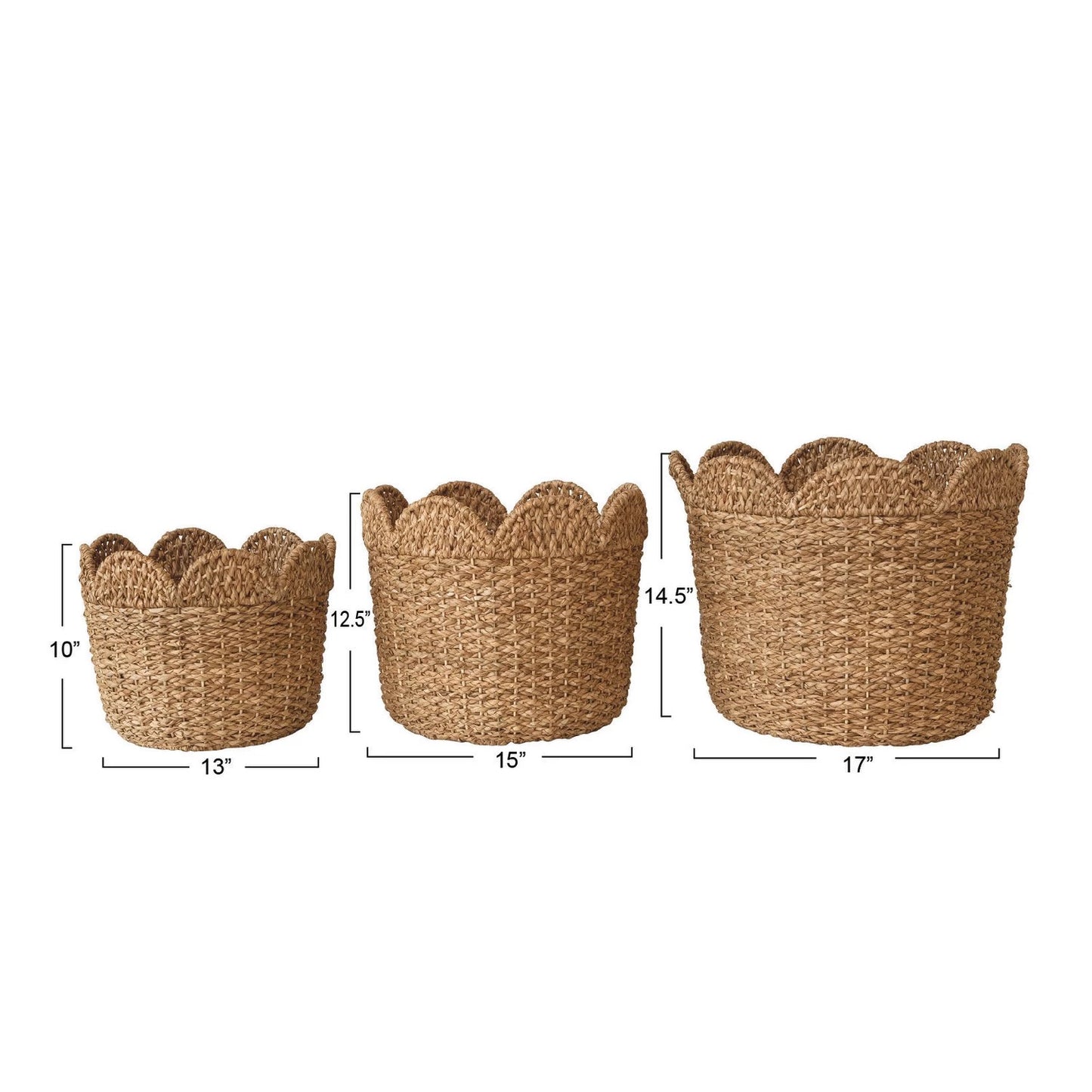 Braided Bankuan & Rattan Baskets w/ Scalloped Edge, 3 Sizes