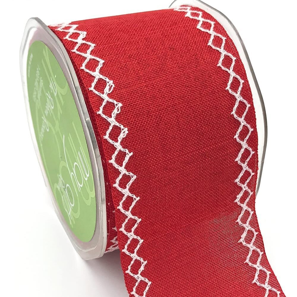 Diamond Stitch Canvas Ribbon - Red with White Stitching | 2.5" Width | Cut Edge