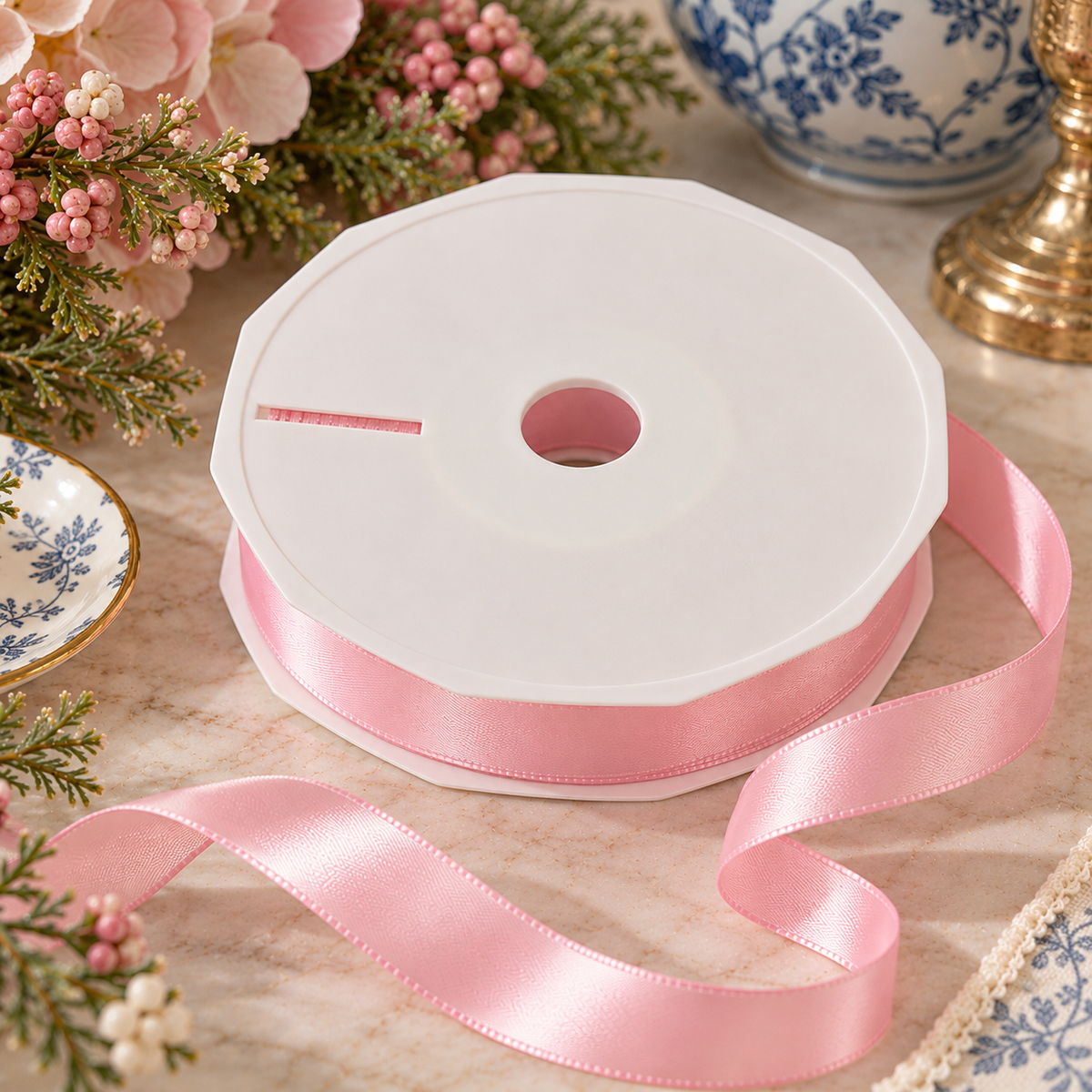 Double Faced Satin Ribbon - Light Pink | 3/8" & 7/8" Widths | 50 Yard Roll