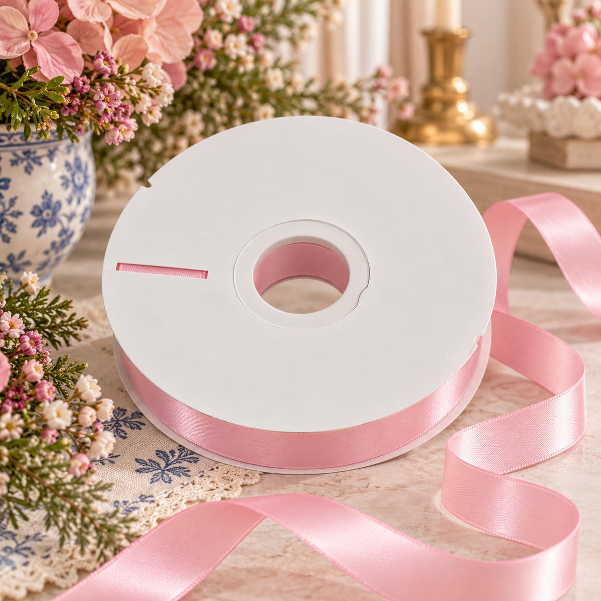 Double Faced Satin Ribbon - Light Pink | 3/8" & 7/8" Widths | 50 Yard Roll