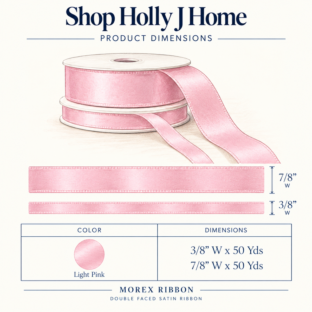 Double Faced Satin Ribbon - Light Pink | 3/8" & 7/8" Widths | 50 Yard Roll