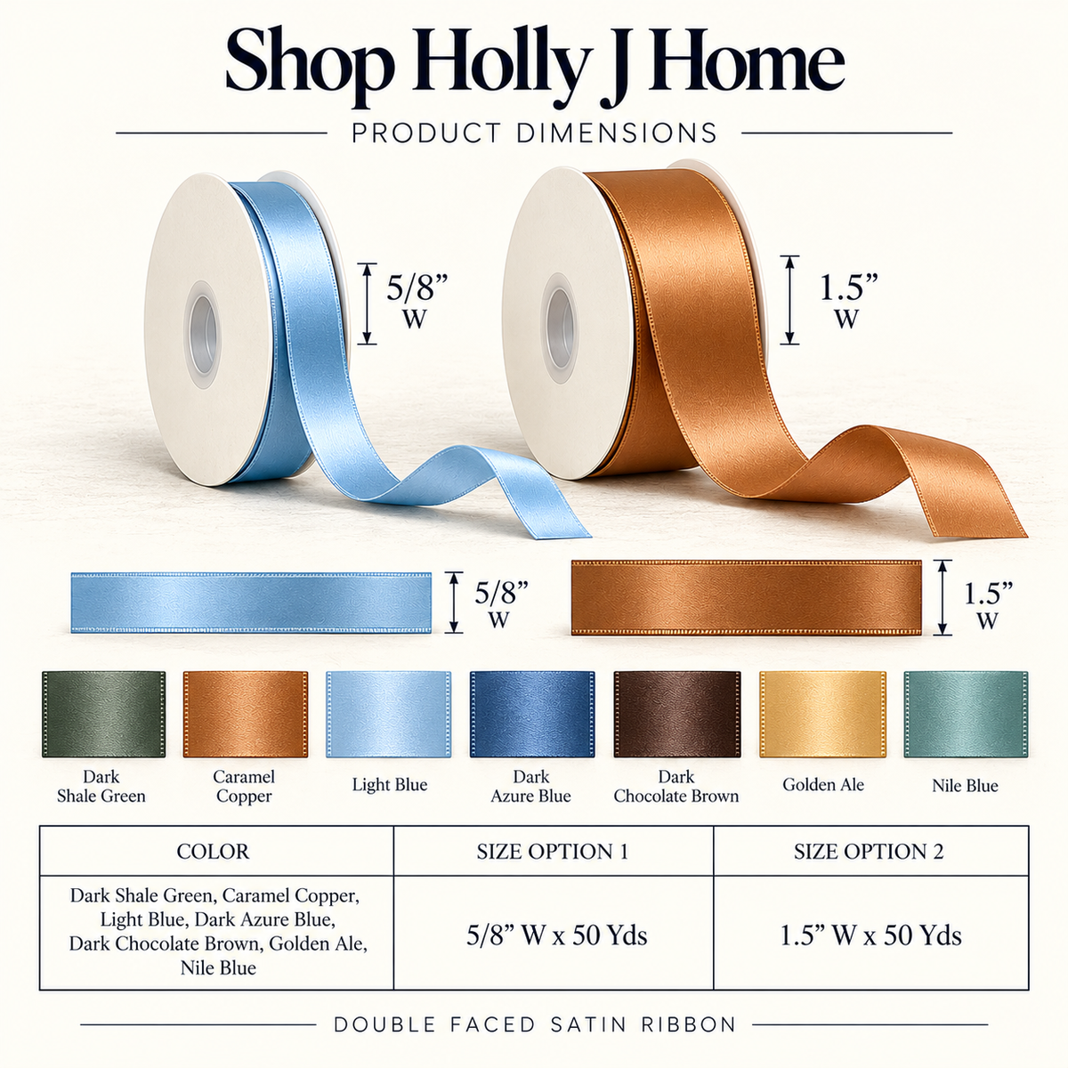 Double-Faced Satin Ribbon | 1.5" & 5/8" Width | 50 Yard Roll | Multiple Colors