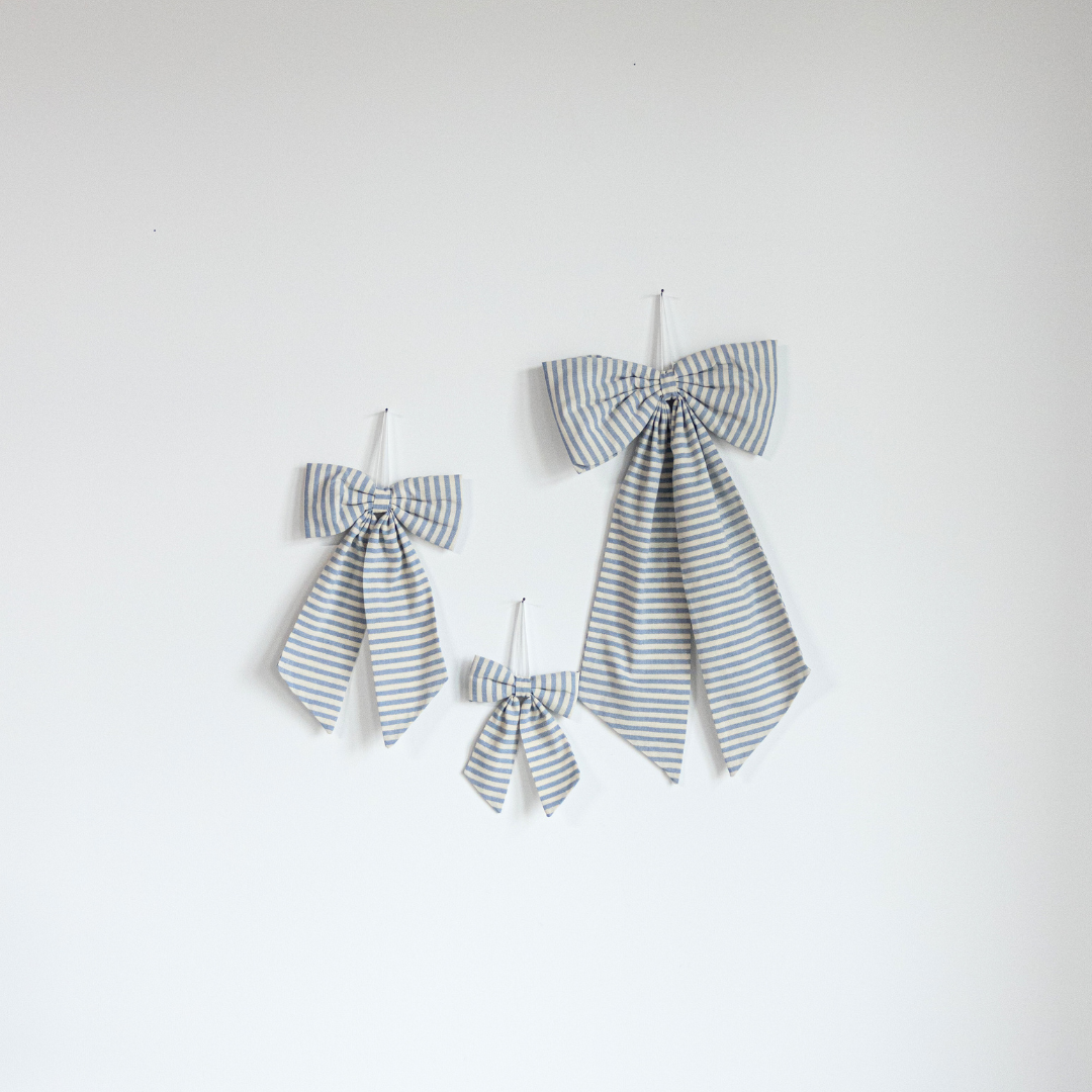 Striped Baby Blue with thin Gold Stripe Fabric Bows