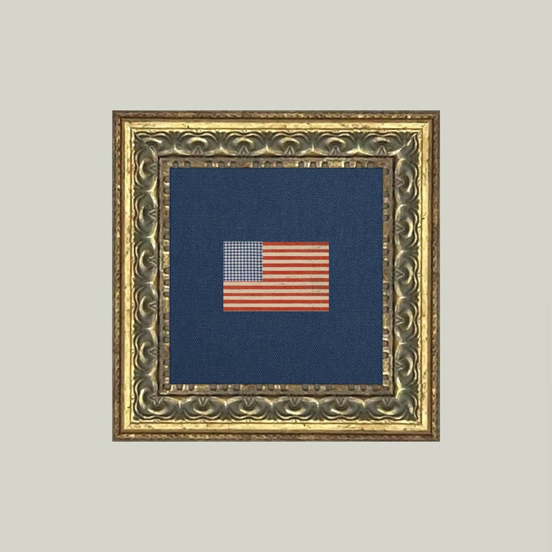 Framed miniature patriotic American flag on a blue background Gingham-Flag-Framed-Antique-Art-9x9