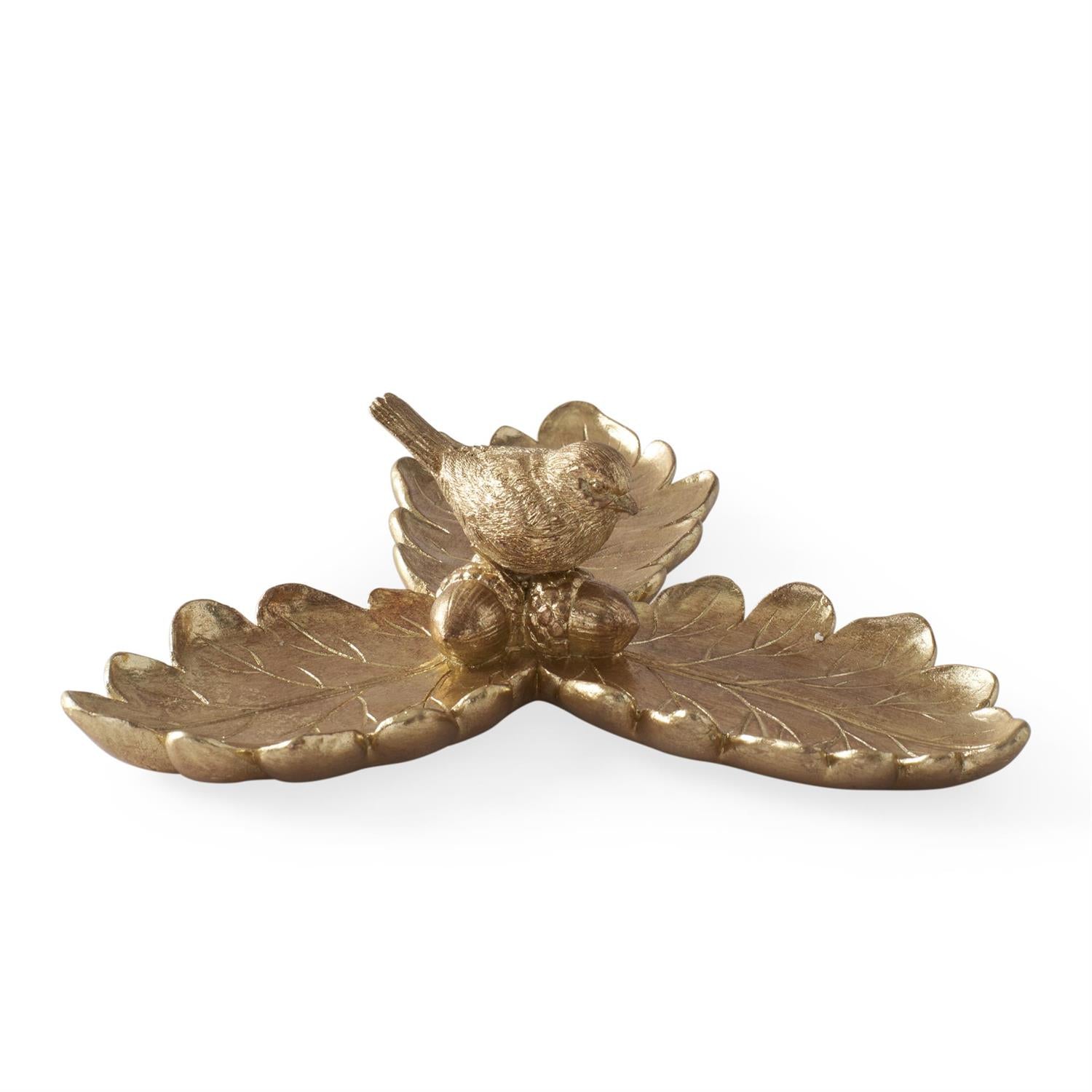 8.75 Inch Gold Resin Leaf Tray with Bird – Decorative Accent