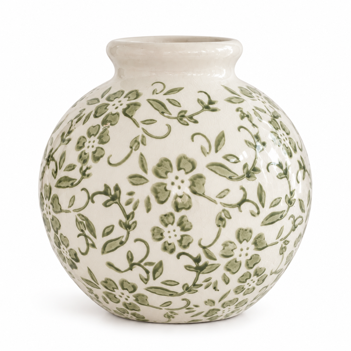Green & White Floral Terracotta Vase - 8.5" Tall