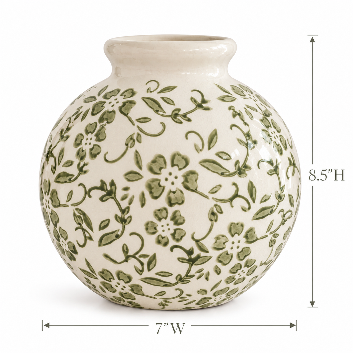 Green & White Floral Terracotta Vase - 8.5" Tall