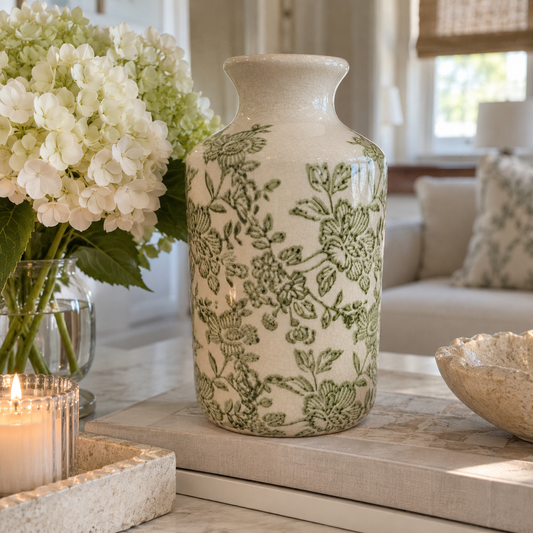 Green & White Floral Vase - 8" Tall | Slim Silhouette