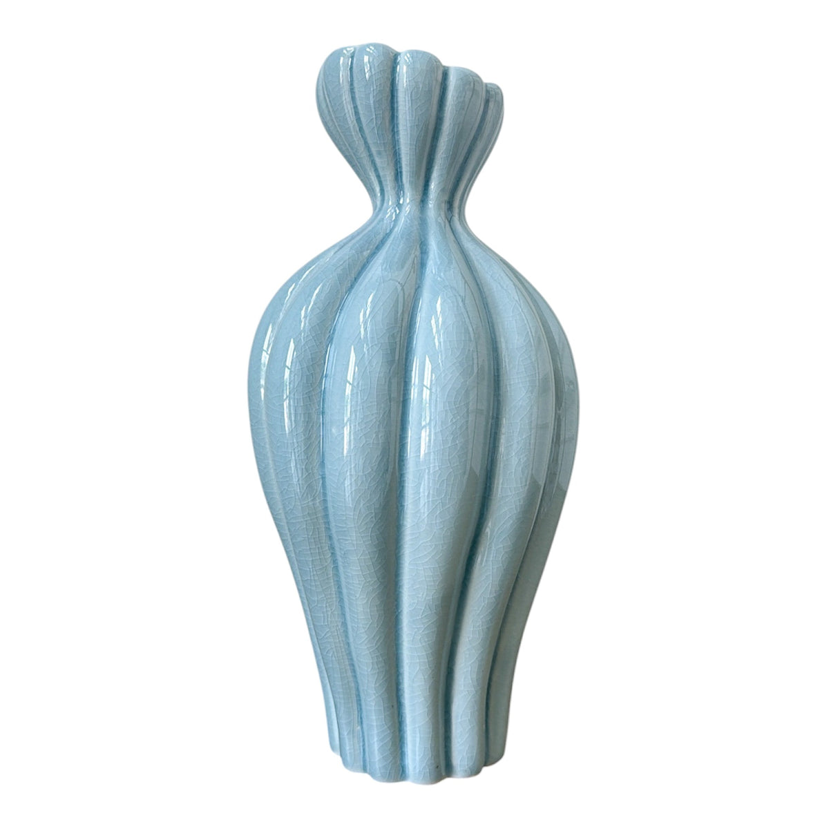 Light blue ceramic vase with ribbed texture on a white background 12.1 inches tall