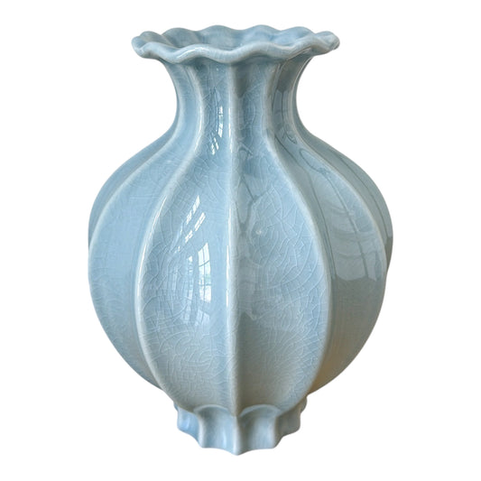 Hand Painted Blue Ceramic Fluted Vase 8.1"