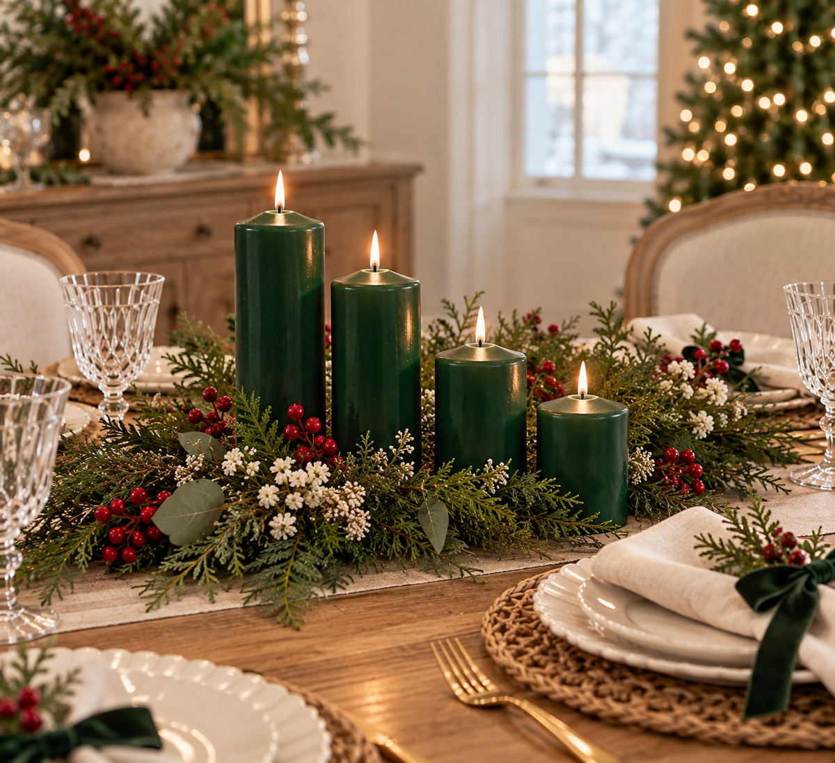 Hunter Green Unscented Pillar Candles - Set of 3 | 4 Size Options