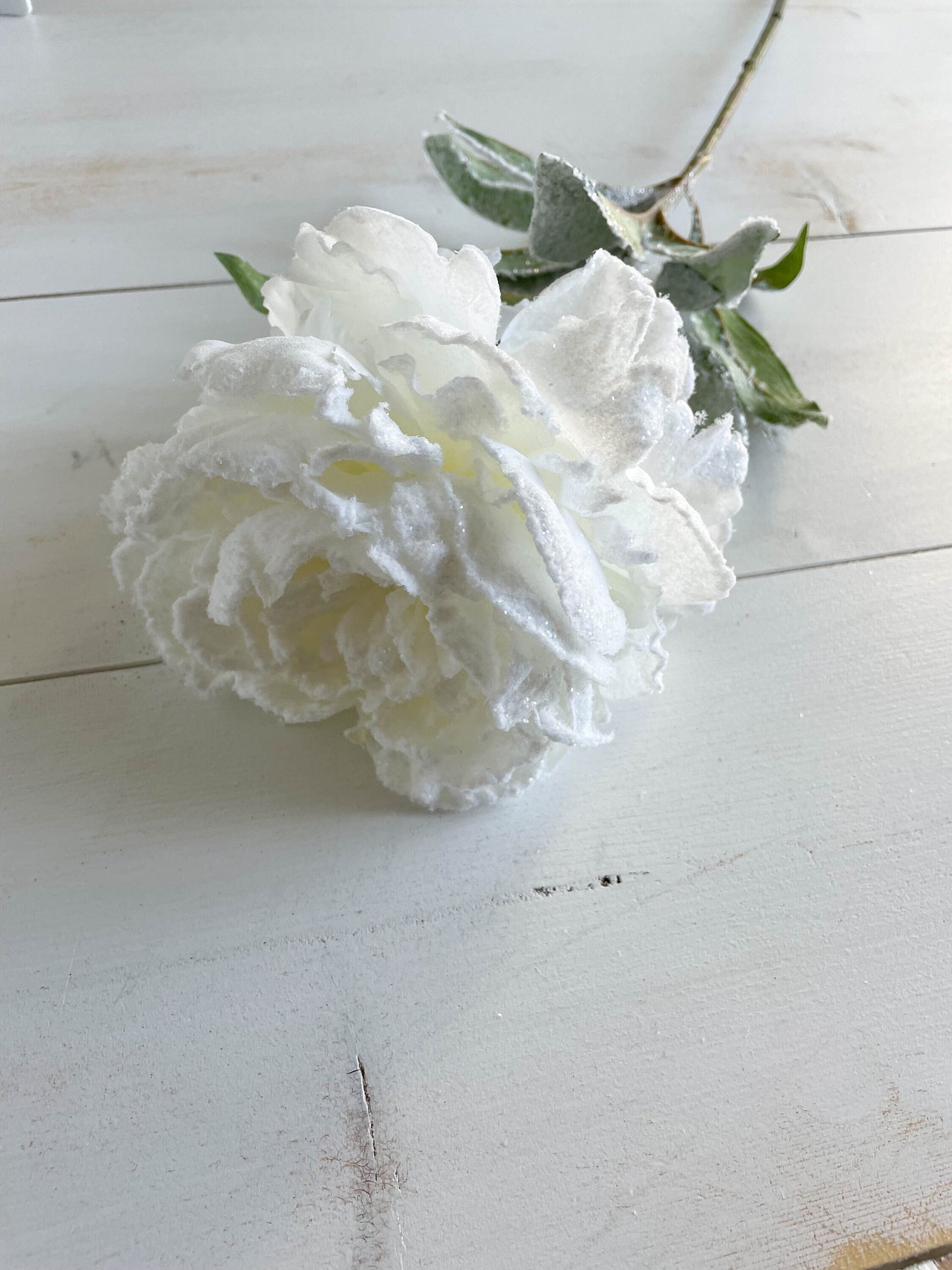 28" Snowed Peony Spray  Snow White