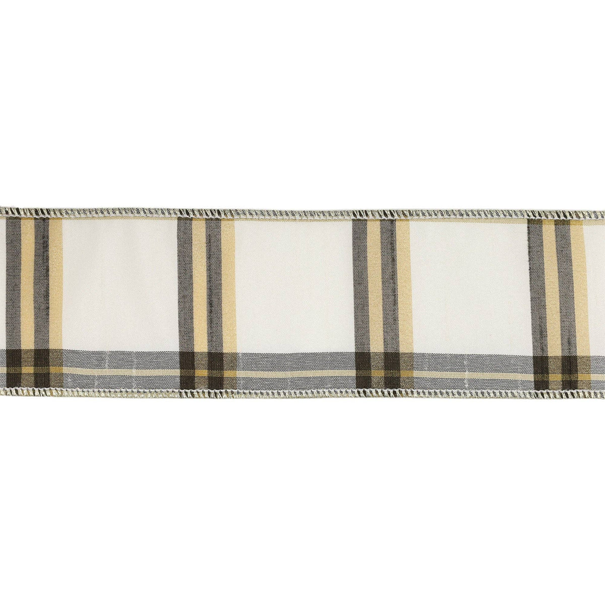 2.5" Ivory, Black & Gold Plaid Wired Ribbon | 10 Yard Roll
