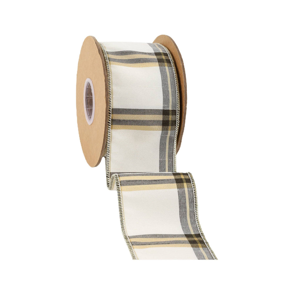 2.5" Ivory, Black & Gold Plaid Wired Ribbon | 10 Yard Roll