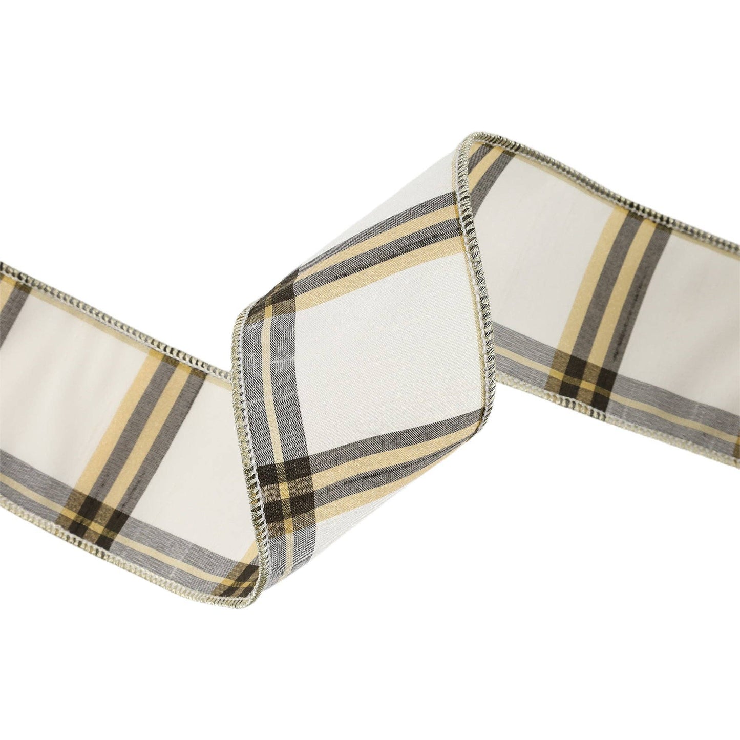 2.5" Ivory, Black & Gold Plaid Wired Ribbon | 10 Yard Roll