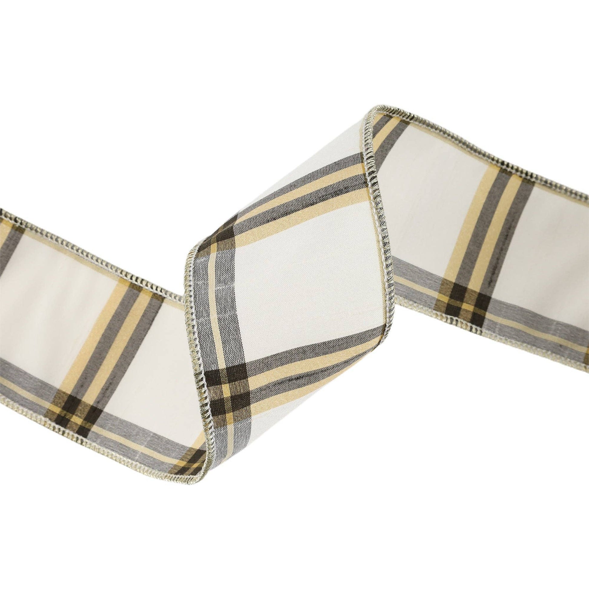 2.5" Ivory, Black & Gold Plaid Wired Ribbon | 10 Yard Roll
