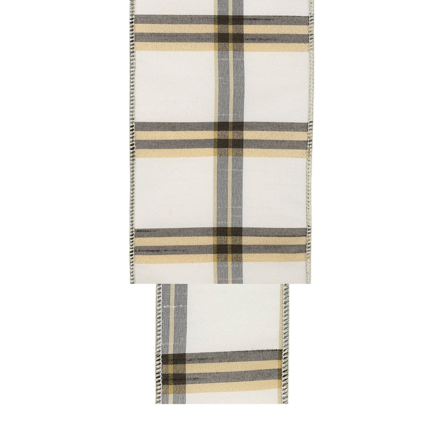 2.5" Ivory, Black & Gold Plaid Wired Ribbon | 10 Yard Roll