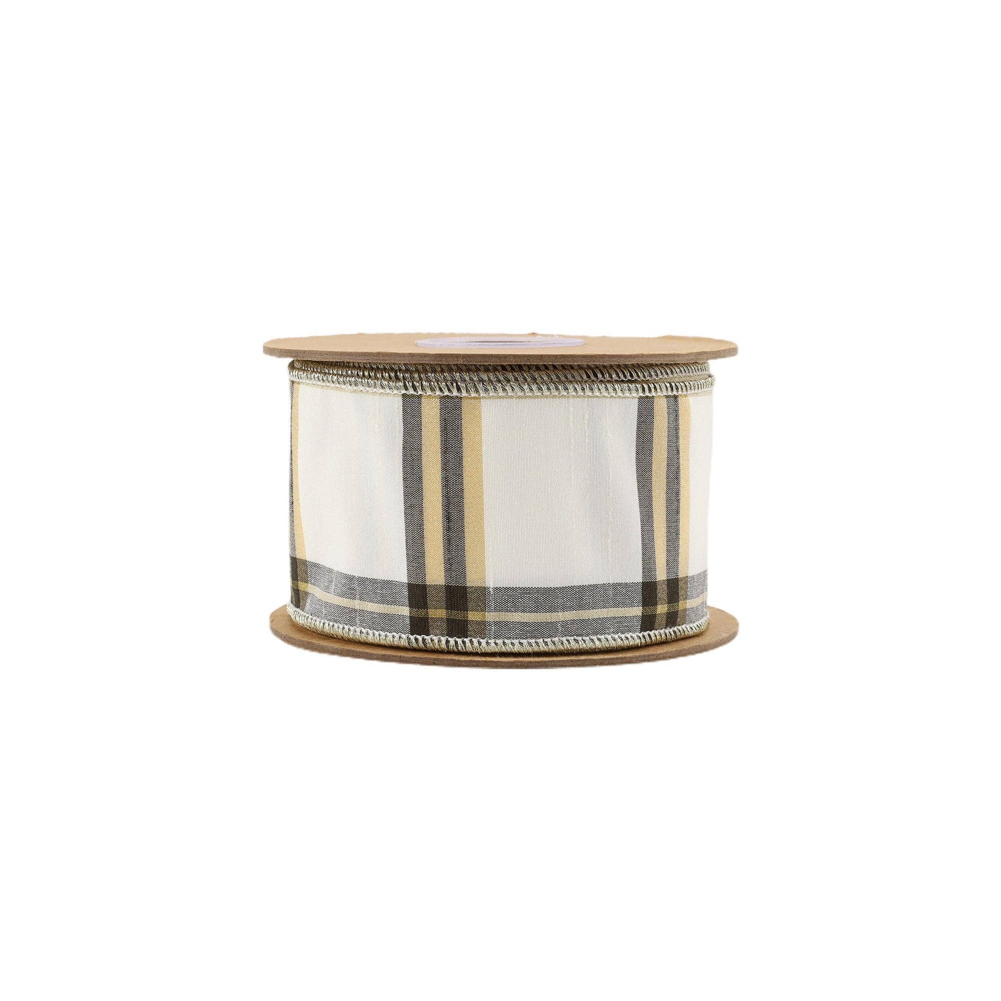 2.5" Ivory, Black & Gold Plaid Wired Ribbon | 10 Yard Roll