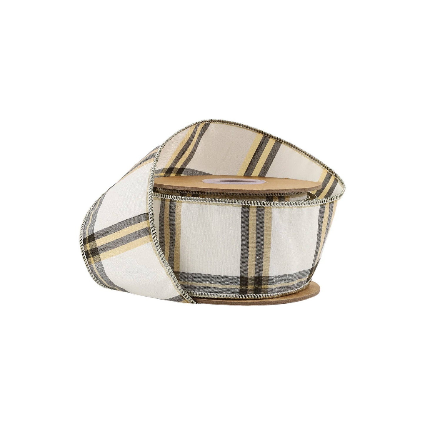 2.5" Ivory, Black & Gold Plaid Wired Ribbon | 10 Yard Roll