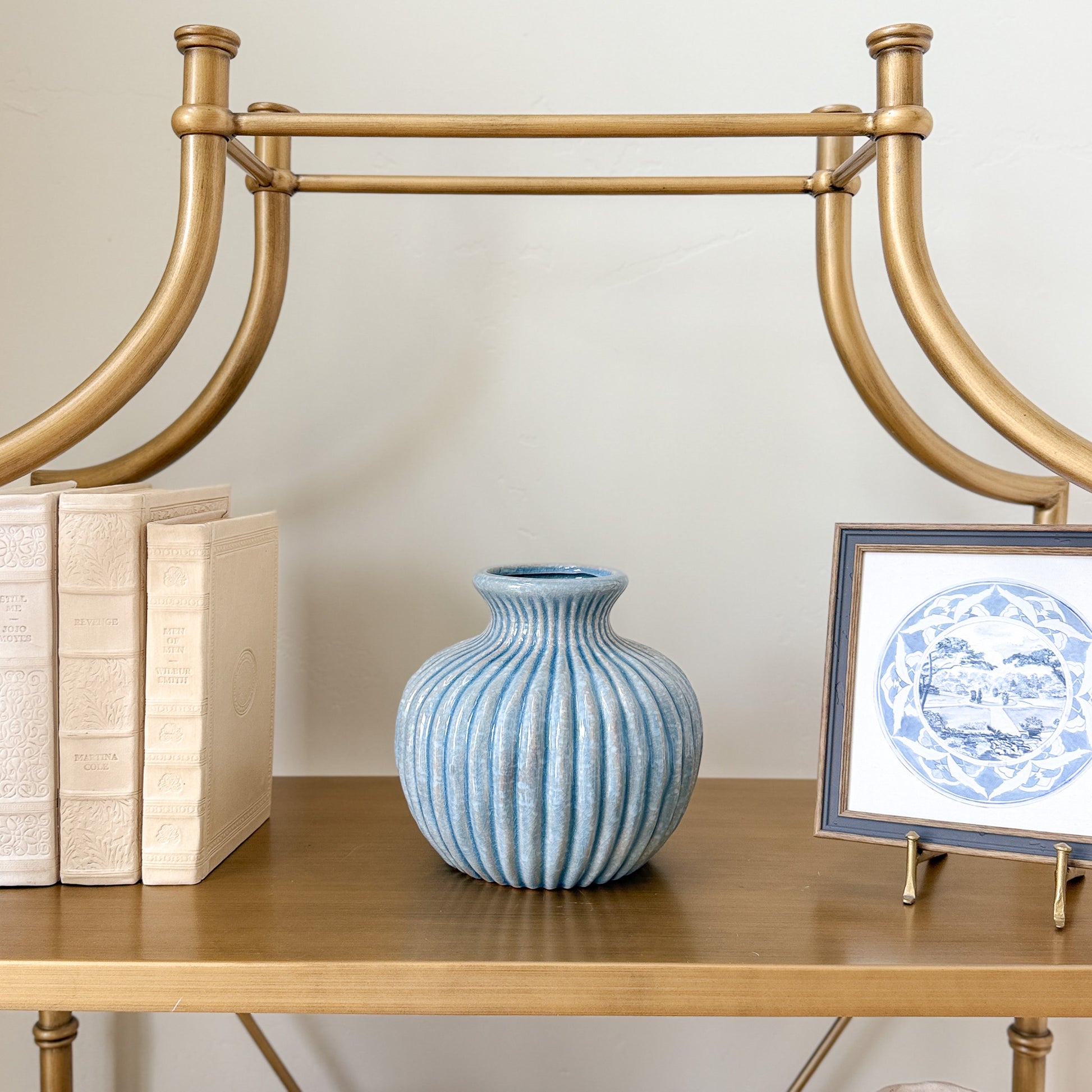 blue ribbed fluted 7.75 ceramic vase