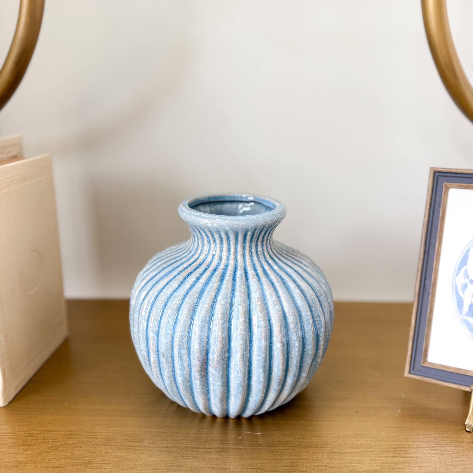 light blue ribber fluted 7.75 ceramic vase