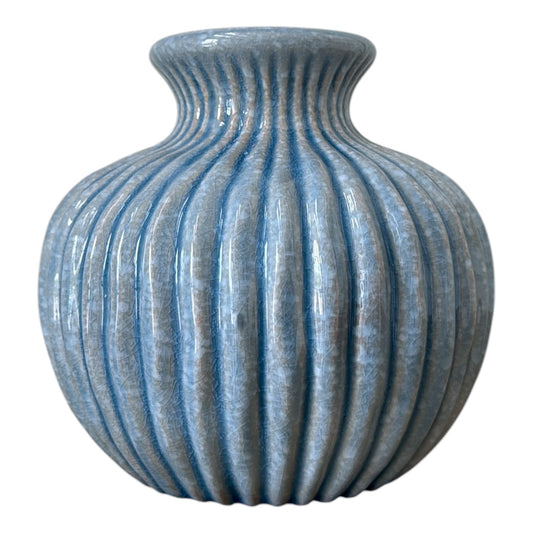 Light Blue Ribbed Ceramic Vase 7.75"