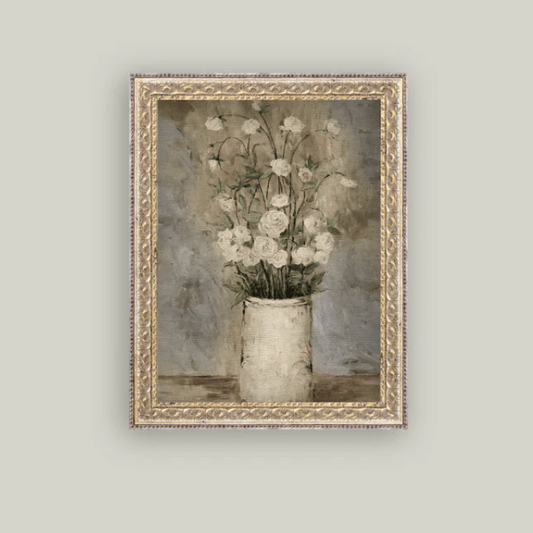 Long Stem White Roses Framed Vintage Art - Gold Frame