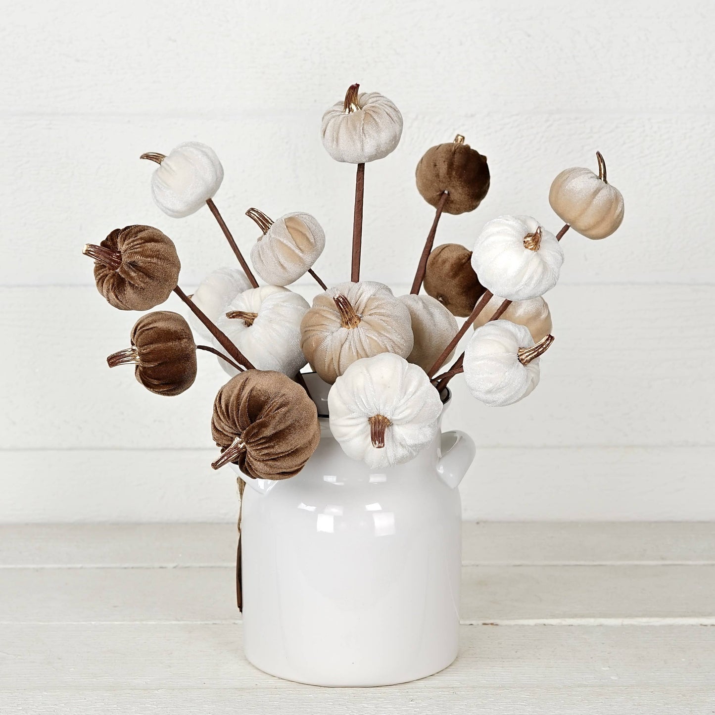 Mini Pumpkins 15-Inch Pick with Champagne Velvet & Gold Stem