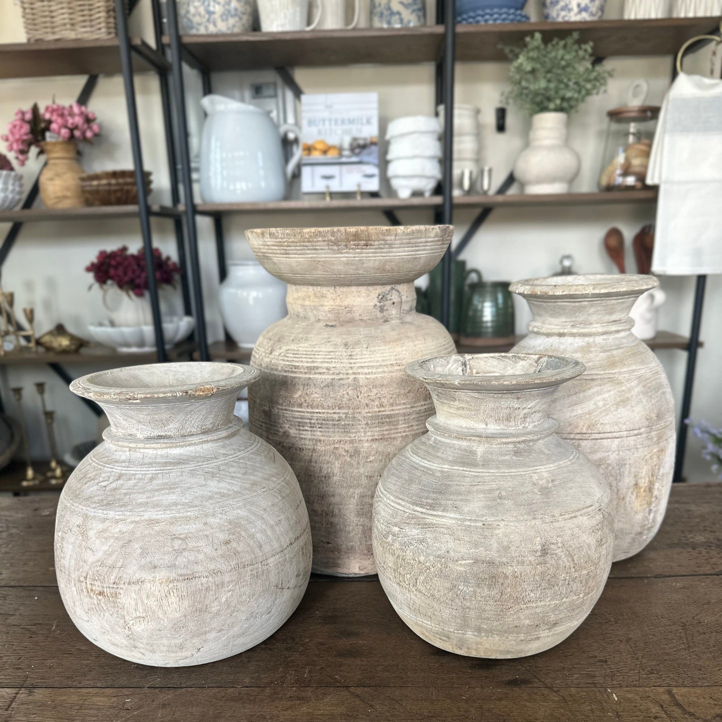 Assorted Nepali Water Pot Vases - Bleached Wood