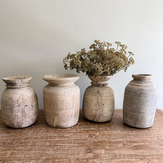 Nepali Water Pot Vase - Bleached Wood | XL Handmade Rustic Vessel