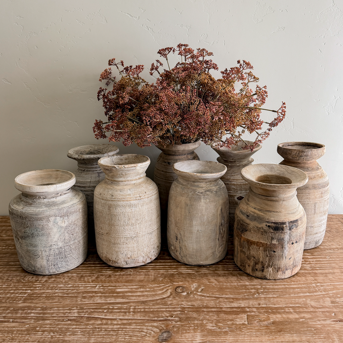 Nepali Water Pot Vase - Bleached Wood | Large Handmade Rustic Vessel