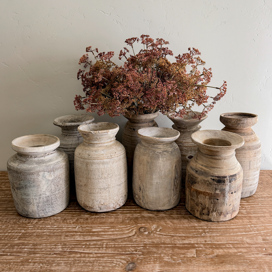 Nepali Water Pot Vase - Bleached Wood | Large Handmade Rustic Vessel