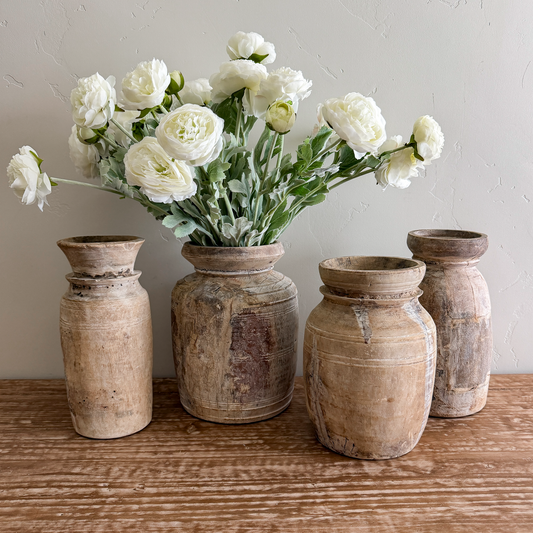 Nepali Water Pot Vase - Bleached Wood | Medium Handmade Rustic Vessel