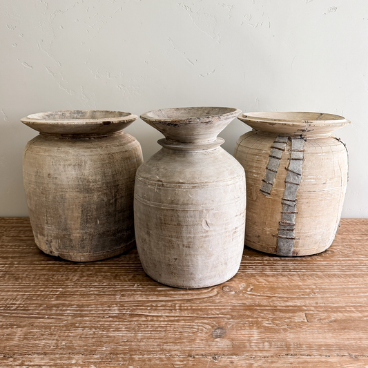 Nepali Water Pot Vase - Bleached Wood | XXL Handmade Rustic Vessel