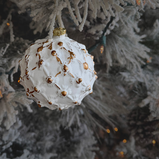 White and Gold Rustic Lattice Glass Ornament - 4" Vintage Christmas Decor