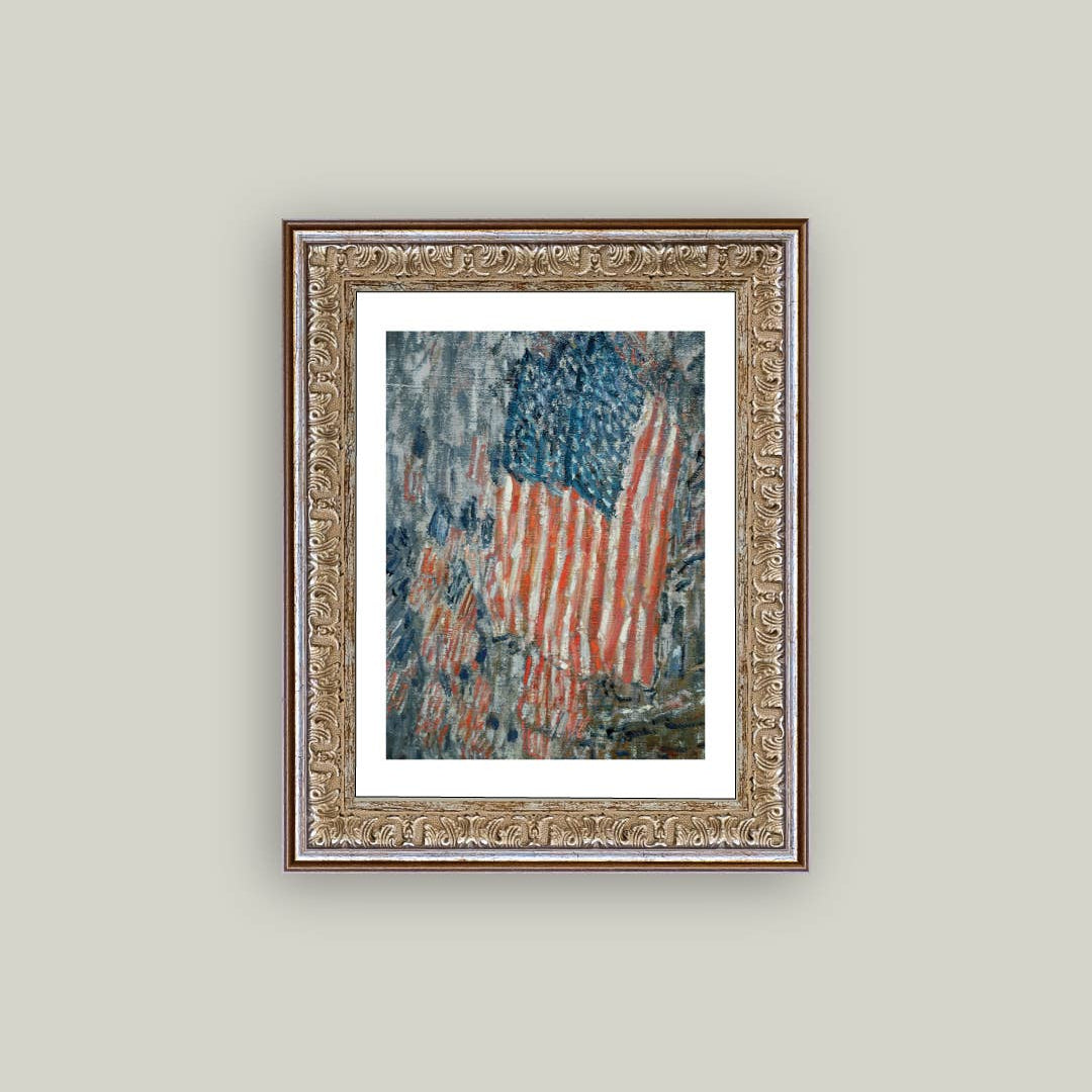 Framed artwork of an American flag on a beige wall