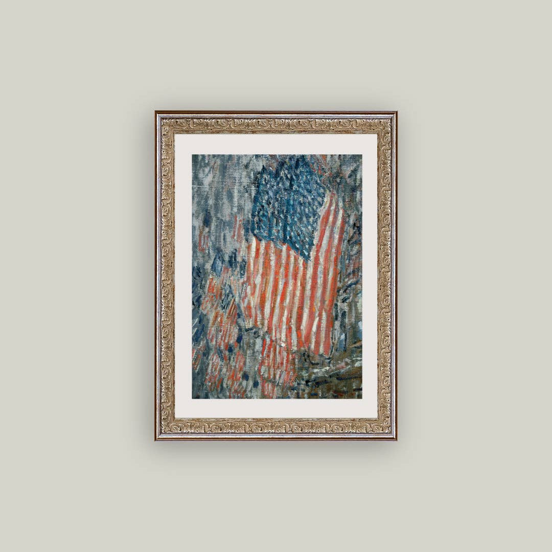 Framed artwork of an American flag on a plain wall