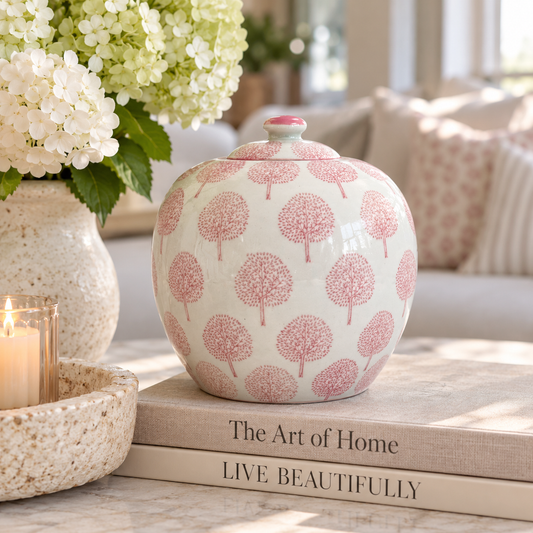 Pink & White Floral Ceramic Chinoiserie Ginger Jar - 8" Tall