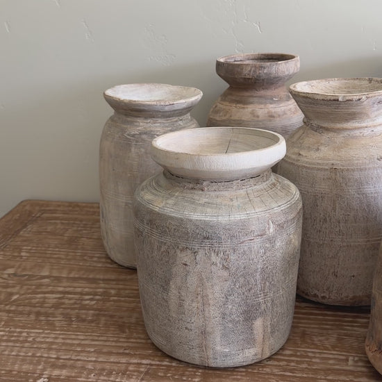 Nepali Water Pot Vase - Bleached Wood | Large Handmade Rustic Vessel