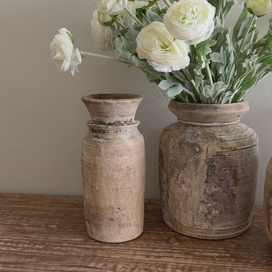 Nepali Water Pot Vase - Bleached Wood | Medium Handmade Rustic Vessel
